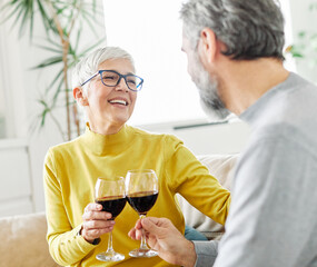love senior woman couple home wine glass celebration toast wineglass alcohol cheers holiday beverage red romantic anniversary dating toasting valentine eve portrait happy husband wife