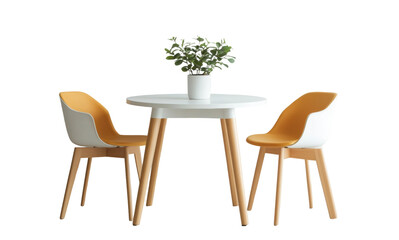 Modern dining table with stylish chairs and plant, cut out