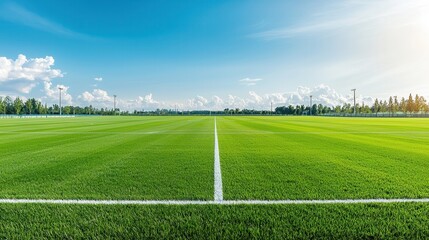 Obraz premium This image depicts a vast well maintained sports field with lush vibrant green grass and a clear blue sky in the background The field appears to be designed for various athletic activities