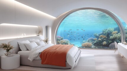 Experience a unique underwater dome bedroom, featuring a glowing bed and mesmerizing marine life in a coral reef setting