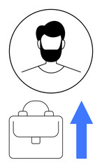 Portrait inside circle paired with a briefcase and upward arrow symbolizing career progress, job promotion, or personal advancement. Ideal for business, employment, career, growth, success