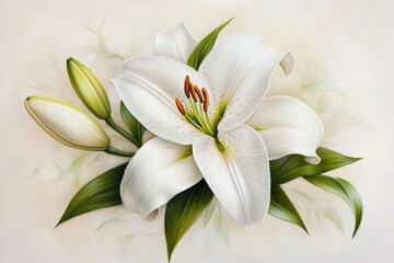 Obraz premium A delicate 2D depiction of a single lily flower, drawn in soft pastels with its stem and leaves sketched lightly against a white background
