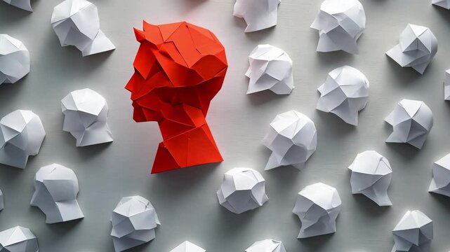 Standing Out from the Crowd &ndash; A Red Origami Head Among White Paper Faces Representing Individuality and Uniqueness
