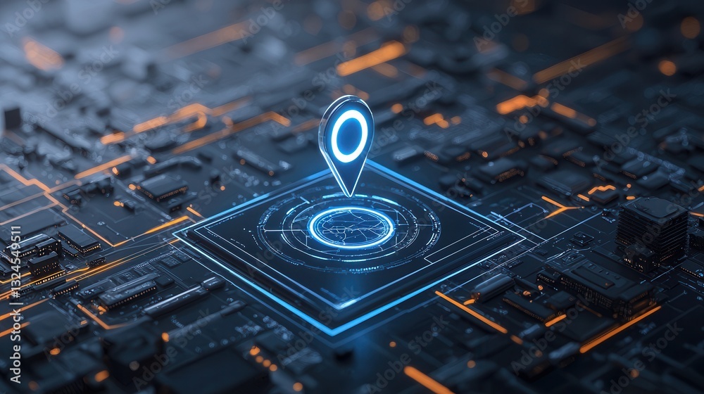 Poster a crisp shot of a precise digital location marker on a complex technological interface representing 