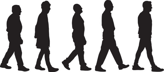 vector; silhouette of side view of a group of men walking