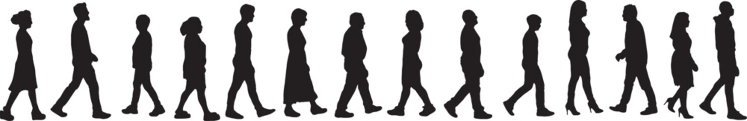 vector; silhouette of side view of a large group of women and men walking