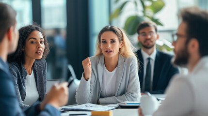A group of people in a meeting with one person
