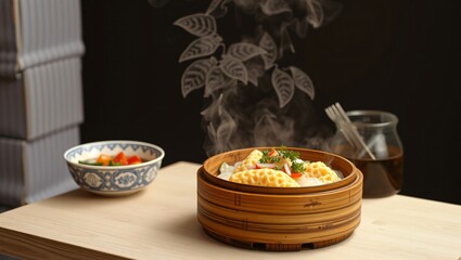 Steaming Dim Sum in Bamboo Steamer with Garnish