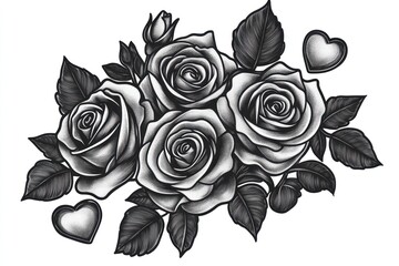 Monochrome rose bouquet, hearts, romantic, graphic design, tattoo art