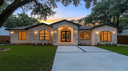 Beautiful residence featuring lush green grass, arched windows, and a welcoming driveway set in a peaceful community