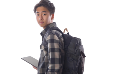 Young student holding tablet and looking over shoulder with backpack on transparent background