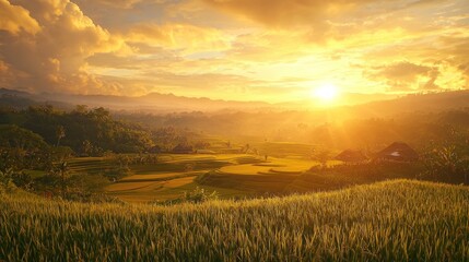 Obraz premium A beautiful golden sunset over rice fields and mountain landscape