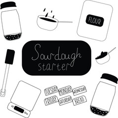 Hand drawn sourdough starter basic elements isolated on white. Stock vector illustration