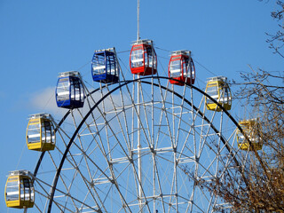 Ferries wheel in the park with red, yellow, blue cabins