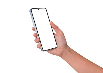 Close-up of hand holding smartphone with blank screen isolated. High quality studio shot. Concept...