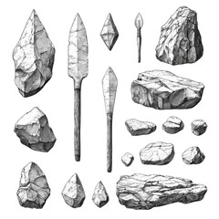 Stone tools and arrowheads from prehistoric era, showcasing various shapes and sizes, are displayed transparency background. These artifacts highlight early human craftsmanship and survival