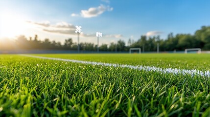 This image showcases a close up view of a meticulously maintained sports field with lush uniform grass carpeting the pitch  The playing surface appears pristine and inviting