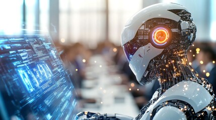 Robotic assistant engaged in data analysis in a modern office environment