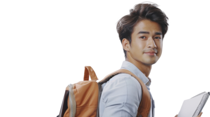 University student holding notebook and smiling with backpack on transparent background