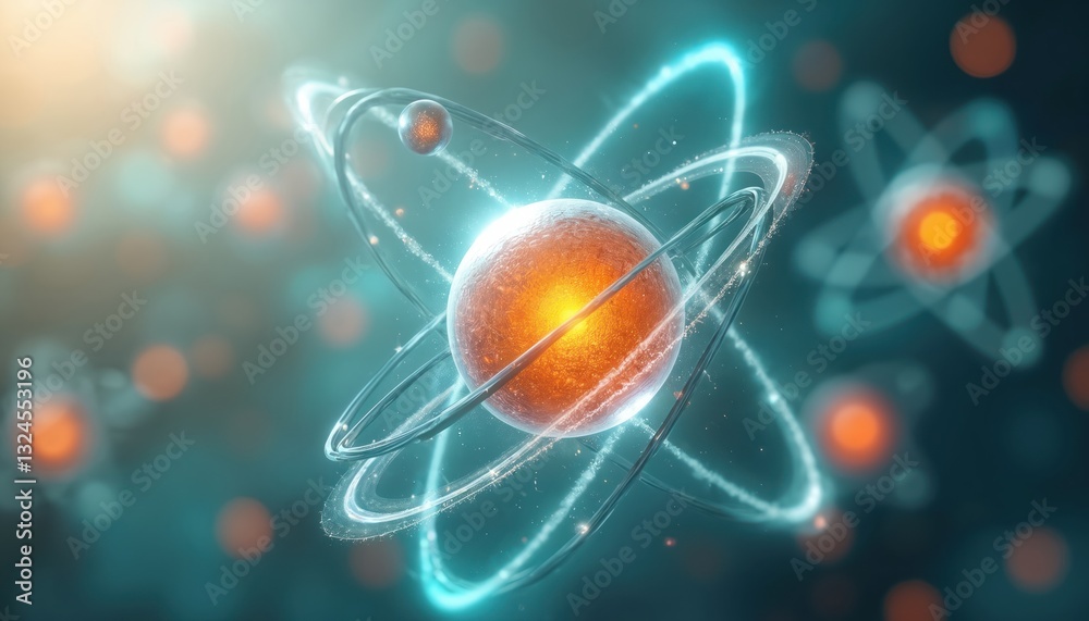 Aufkleber Conceptual visualization of atomic structure with electrons orbiting nucleus, representing quantum mechanics concepts. Bright orange nucleus with electron cloud, energy rays. Scientific educational