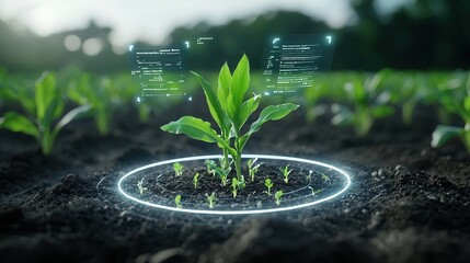 Digital farming concept showcasing corn seedlings in a futuristic technology driven agricultural setting aimed at promoting sustainable and efficient food production