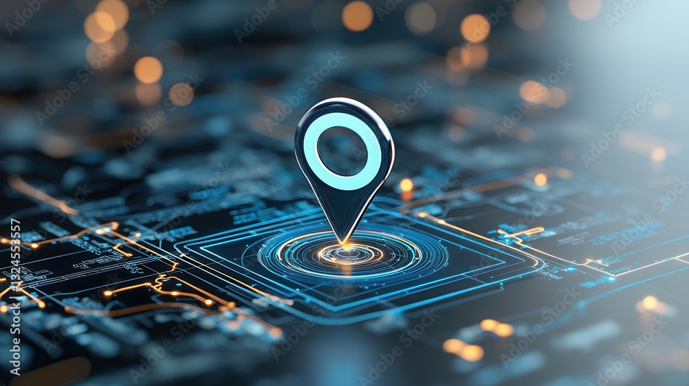 Poster a digital location pin glowing over a sleek futuristic world map representing advanced global naviga