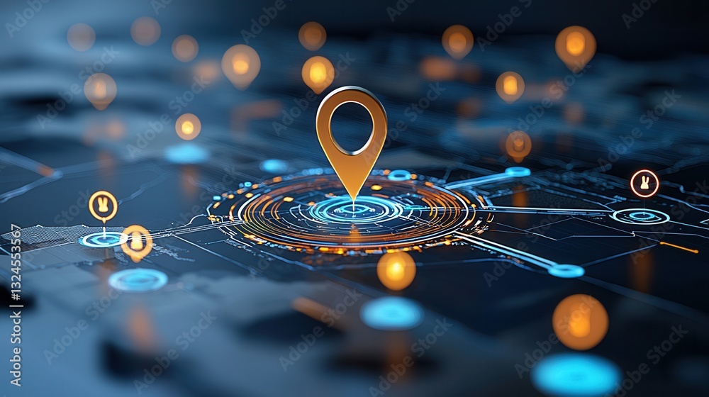 Poster a digital representation of a glowing location pin hovering over a detailed sleek world map symboliz