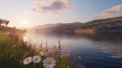 Lakeside sunset, wildflowers, village, tranquil scene, idyllic landscape
