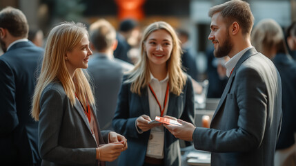 A group of professionals networking at a business event