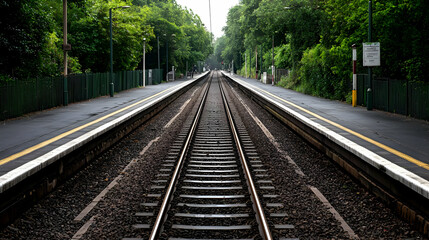 Symmetrical Railroad Tracks Perspective Leading Towards The Horizon with Green Trees and Dark Gray Sky