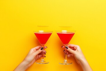 Two hands are holding glasses of red cocktail on a bright yellow backdrop. Cheers to the moment with the elegant drinks and stylish presentation.