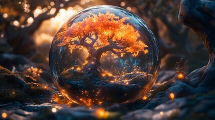 Molten glass sphere with fiery lava inside on black reflective surface, abstract glass art photography with orange and red flames for luxury decorative object advertising