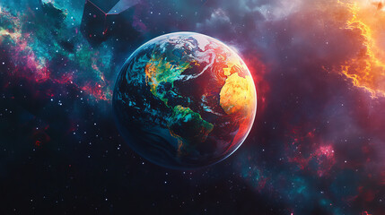 Obraz premium Abstract Planet in Space polygonal, geometry triangle. Light connection structure. Low poly vector background. Business concept