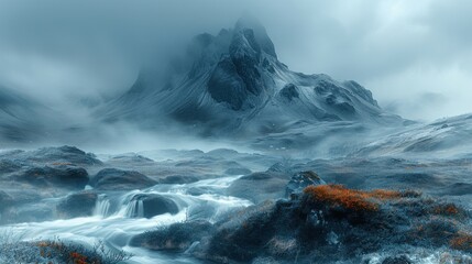 Misty mountain range with a flowing stream.