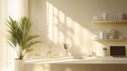 Obraz premium Minimalist workspace setup with modern stationery and potted plant for office design inspiration – Generative AI