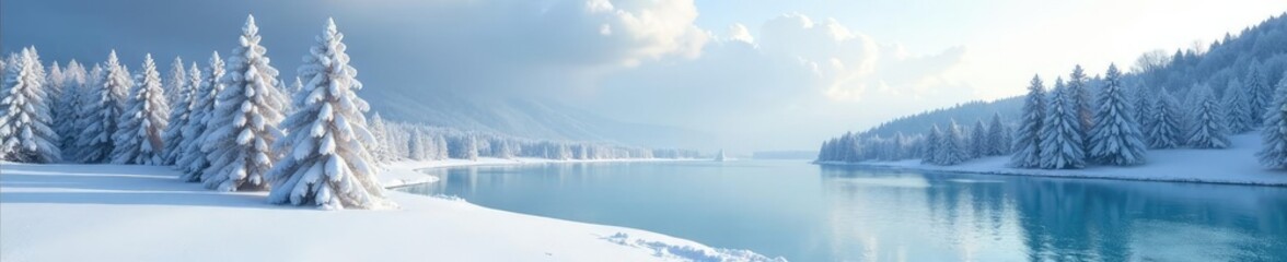 Frozen landscape with snow-covered trees and frozen lake, snow on trees, peaceful scene, winter wonderland