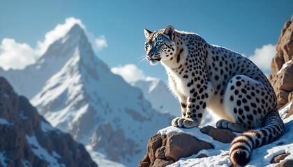 Obraz premium Endangered snow leopard sitting majestically on a rocky mountain background with snow-capped peaks