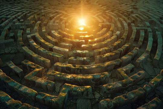 Intricate stone maze illuminated by a glowing center in a fantasy setting at twilight - Powered by Adobe