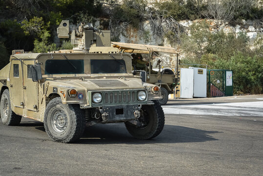 Convoy of armored vehicles Israeli airmobile brigade in patrol. Military 4x4 all terrain armored vehicle Hummer Humvee