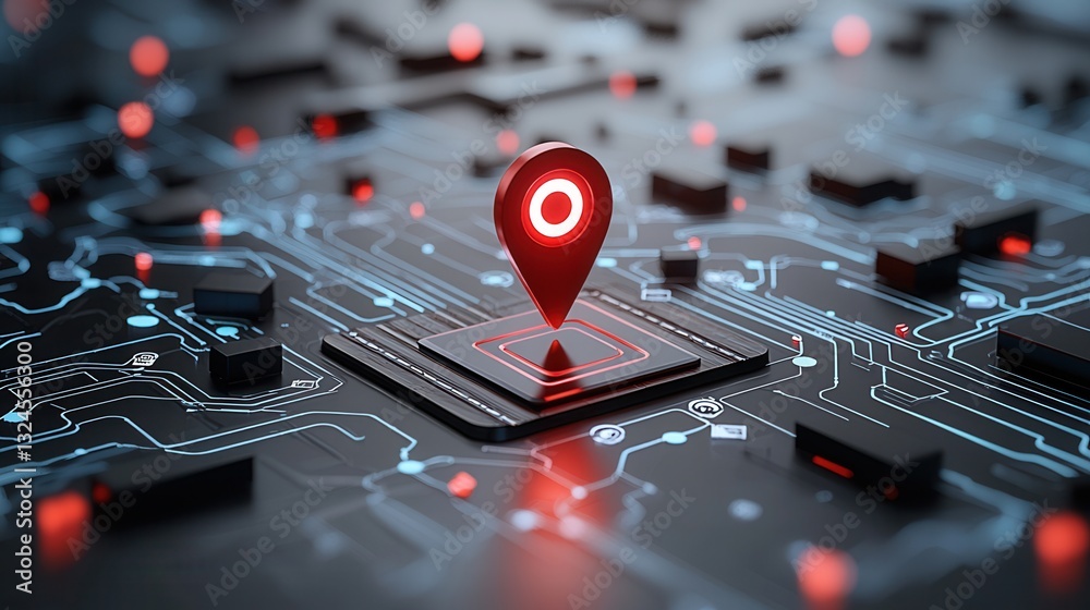 Poster a futuristic and high tech image depicting a close up view of a glowing red pin marker on a digital 
