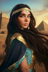 Ancient Egyptian Beauty: A stunning representation of a woman, adorned in traditional Egyptian attire, gazes with regal poise before the iconic pyramids, bathed in the warm light of the desert sunset.