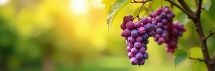 Fototapeta premium Hanging purple grape clusters from a willow branch in warm sunlight, willow, botanical, sunlight