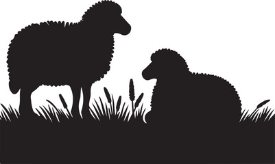 silhouette design of two sheep on grass vector art illustration 
