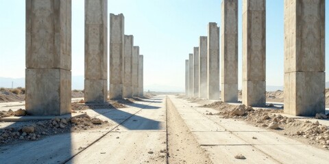 Obraz premium A sun-drenched expanse of concrete, punctuated by rows of imposing pillars, stretches towards a hazy horizon, hinting at a grand, yet unfinished structure.