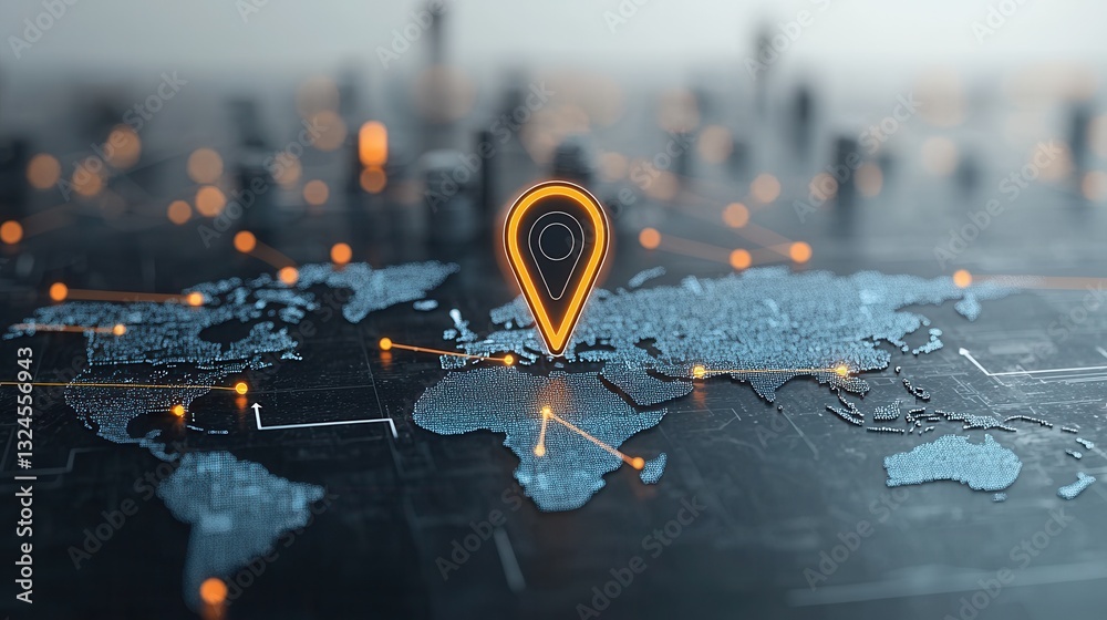 Poster this futuristic image depicts a glowing location marker pinpointed on a digitized neon lit world map