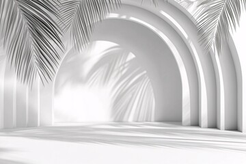 Naklejka premium Minimalist white wall with palm leaf shadows and sunlight from window