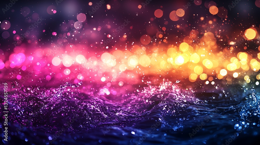 Poster colorful water splashes with bokeh lights background