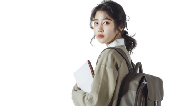 Asian student with backpack and books turning back on transparent background