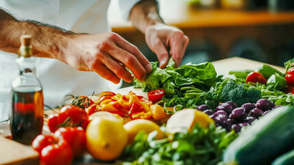 A nutritionist working in an office, creating a personalized diet plan on a table while incorporating fresh vegetables. A sports trainer promoting a healthy lifestyle and wellness