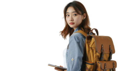 Young student walking with backpack and notebook on transparent background